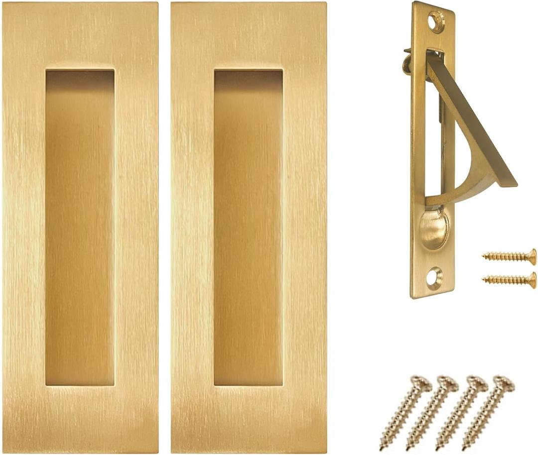 senharvest Pocket Door Pull and Edge Pull Set Brushed Gold, 6Inch Handles Hardware Latch,Recessed Finger Flush Pulls,for Closet,Sliding,Barn Door