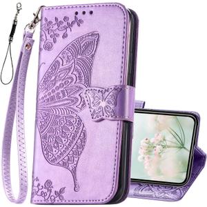 for iPhone 11 Wallet Case,Women Flip Folio Cover with Butterfly Embossed PU Leather Kickstand Credit Card Holder Slots Detachable Wrist Strap for iPhone 11 6.1 inch (Lavender)