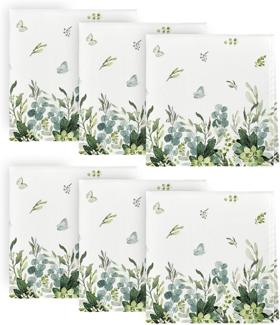 Horaldaily Spring Summer Cloth Napkins 18 x 18 Inch, Eucalyptus Floral Party Dinner Decoration Washable Napkins Set of 6 (Green)
