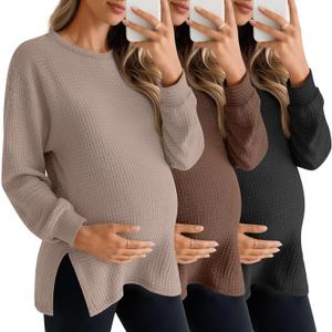 3 Pack Women's Maternity Shirts Long Sleeve Waffle Knit Side Split Oversized Tops Pregnancy Clothes Fall Tees (Medium, Khaki, Brown, Black)