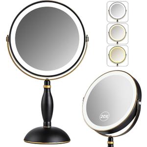 Lighted Makeup Mirror, 20x Magnifying Rechargeable Double Side Vanity Mirror, 3 Color Lights with Brightness Adjustable, Matte Black with Gold Trim, Modern Style Side Touch + Side Charge, Women Gift