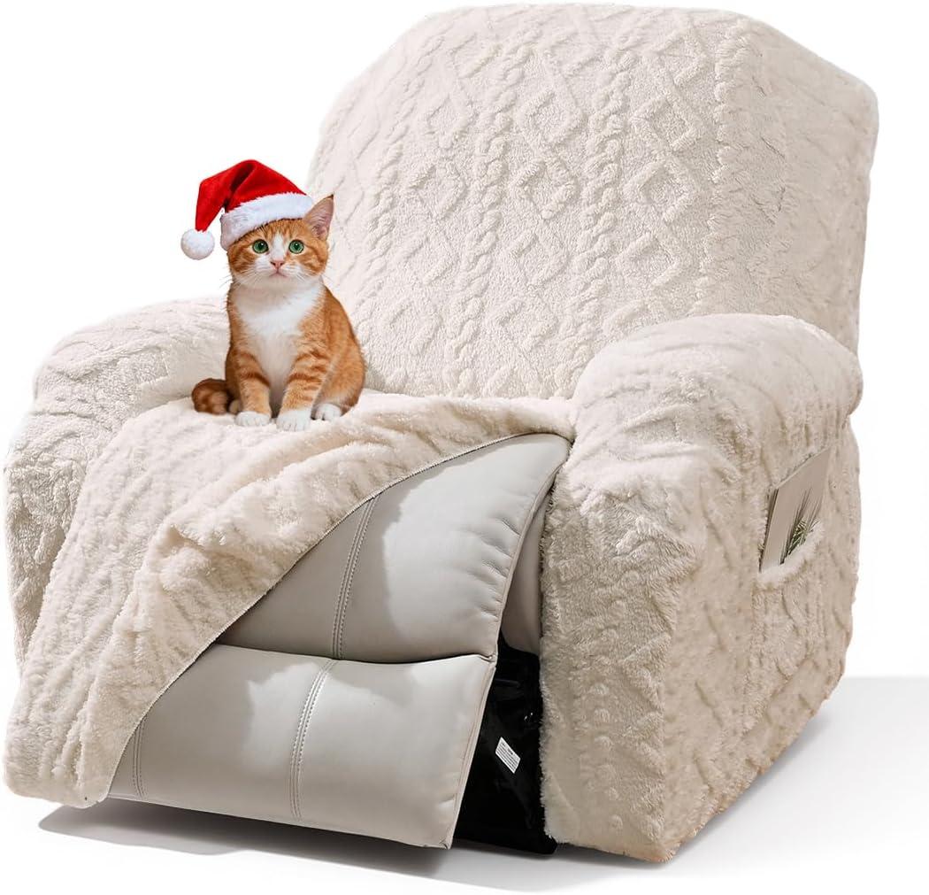 Vctops 4 Pieces Geometric Jacquard Plush Recliner Slipcovers Soft Fuzzy Fluffy Sofa Couch Cover Anti-Slip Furniture Protector with Elastic Bottom for Kids Cats Dogs(Cream,1 Seat)