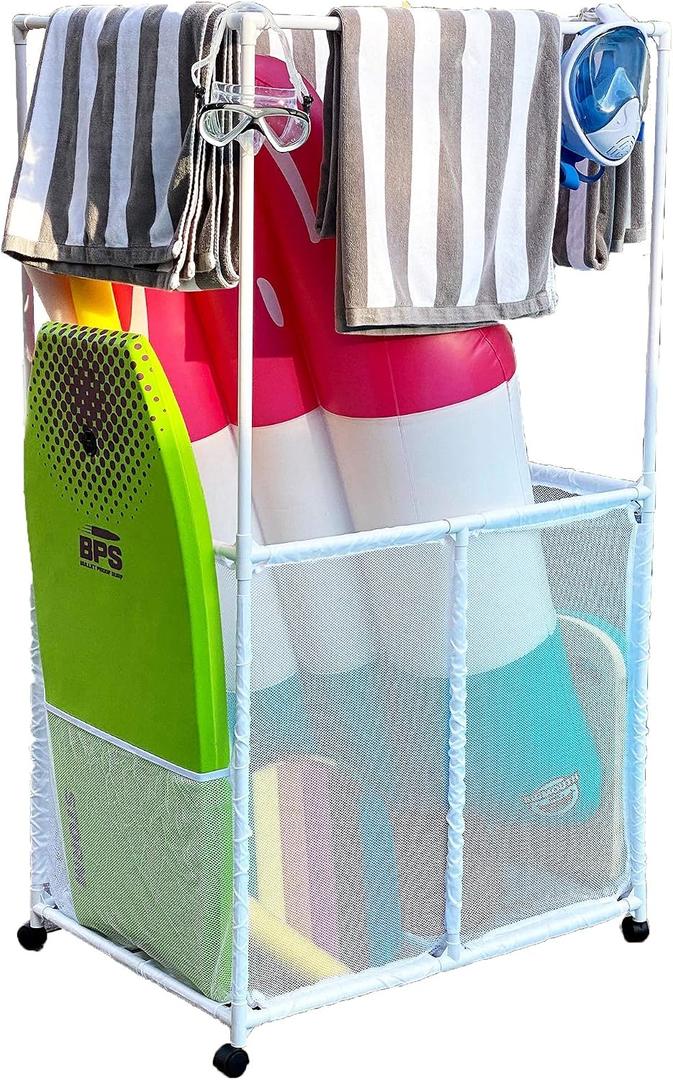 Pool Equipment Holder with Towel Drying Bars, Mesh Rolling Multi Use Storage Organizer Bin, Large Towel Hanger (25" L x 34.5" W x 62.6" H), White