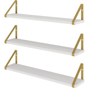 Wallniture Ponza White Floating Wall Shelves with Gold Color Metal Brackets, Living Room, Bedroom, Bathroom, Home Office Decor, Set of 3