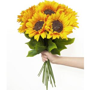 10PCS Sunflowers Artificial Flowers, Fake Silk Sunflower with Long Stem, Artificial Sunflowers for Fall Home Decor, Baby Shower, Wedding Decor and Cemetery Flowers Decor (Yellow)