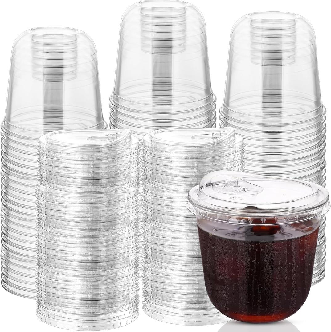 100 Sets Disposable Stemless Glasses With Strawless Sip Lids,PET Drinking Cups,Clear Plastic Coffee Cup for Iced Coffee, Smoothie, Cold Beverage, Drink Shop and Christmas Party Supply (Clear, 12 oz)