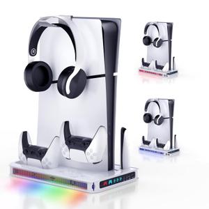 ZYTHRONE PS5/ Slim/Pro Cooling station with Fast Contoller Charger for PlayStation 5 Disc & Digital Console Stand, RGB Light, Quiet Cooling Fan, Headset Holder