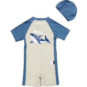 Kids-Boys One-Piece Shark-Swimsuit UPF 50+ Sun-Protection Short-Sleeve Zip-Up Rash-Guard Bathing Suit Swimwear