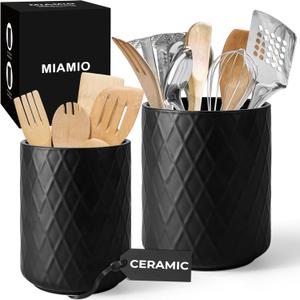 MIAMIO Kitchen Utensil Holder Ceramic/Kitchen Organizer, Farmhouse Decor for Organizing Countertop and Storing Cutlery, Cooking Spoons, and Accessories - Palmanova Collection (Black), Pack of 1 