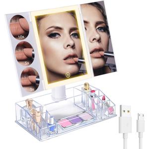 Trifold Makeup Mirror with Lights and Magnification 3X, 5X, 10X, Clear Cosmetic Storage Organizer, 3 Way Lighted Vanity Mirror, 3 Color Changing Dimming Touch Tabletop Mirror