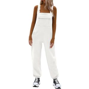 Women's Winter Fleece Overalls Warm Fuzzy Jumpsuits Adjustable Strap Sleeveless Loose Casual Fluffy Bib Overalls Pants (X-Large, Beige)