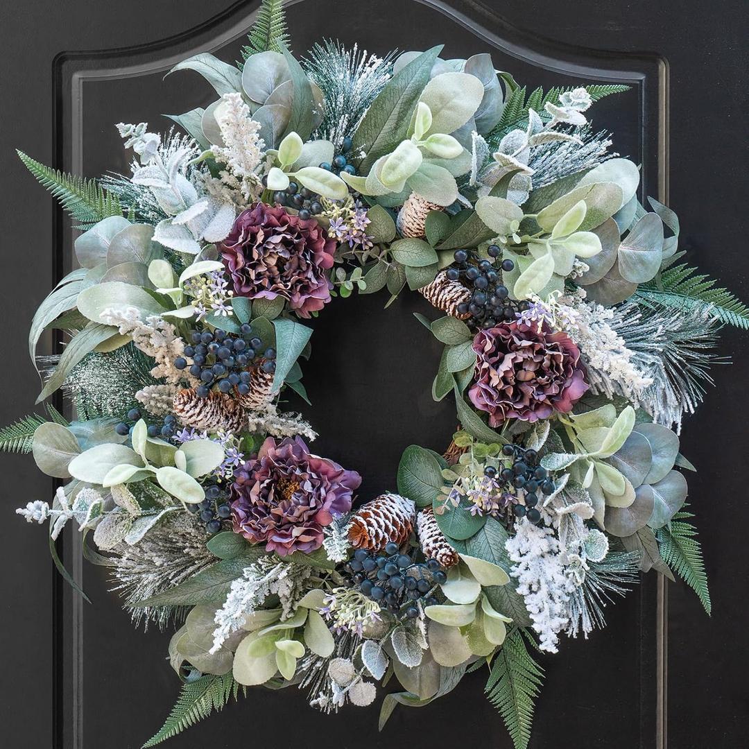 Winter Wreath for Front Door, 24 Inch Christmas Snow Covered Artificial Door Wreath with Purple Peonies, Green Leaves, Pine Cones and Berries, Winter Decor for Indoor or Outdoor