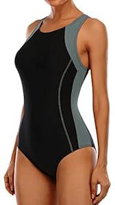 beautyin Women One Piece Sport Swimsuit Tummy Control Athletic Swimwear Black Grey