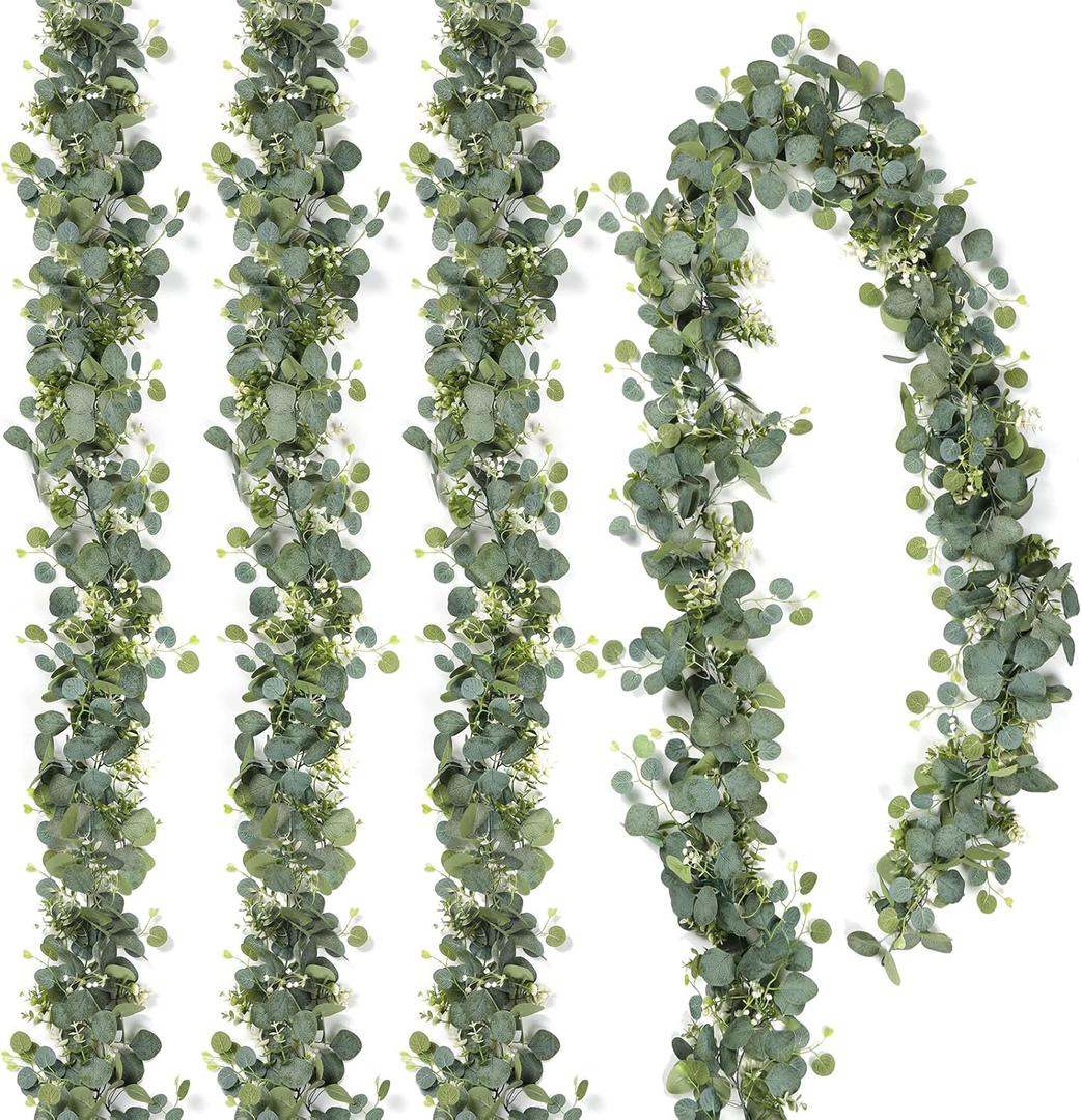 TOCHGREEN 4 PCS Artificial Eucalyptus Garland 5.9FT Faux Silver Dollar Greenery Garland Vines with White Flower Boxwood Fake Hanging Plants for Wedding Home Party Table Mantle Wall Decor