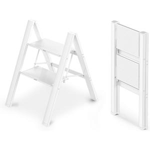 WOA WOA 2 Step Ladder, Foldable Step Stool, Aluminum Lightweight Ladder for Home Kitchen Closet, Anti-Slip Pedals, Ease of Folding, Portable, 300lbs Capacity - White