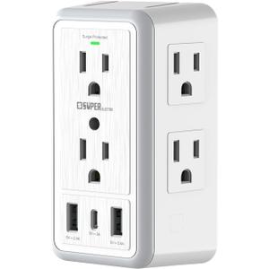 USB Wall Charger Surge Protector, Super Electro 6 Outlet Extender with 3 USB Charging Ports (5V 3.4A Total) and Night Light, 3-Sided 1500J Multi Plug Wall Outlet for Home, Office, ETL Listed