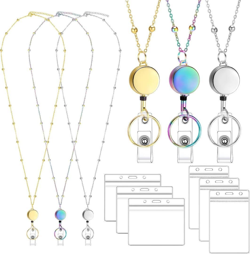 Lanyards for Id Badges 3 Pack Badge Lanyard with 6 Pcs Id Badge Holder Retractable Stainless Steel Teacher Lanyards Cruise Ship Lanyard for Girl Women (Gold, Silver, Bright Blue)