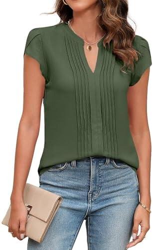 Blooming Jelly Womens Blouses Dressy Causal V Neck Pintuck Short Petal Sleeve Business Tops Ladies Summer Trendy Work Shirt, Medium, Army Green  Blooming Jelly Womens Blouses Dressy Causal V Neck Pintuck Short Petal Sleeve Business Tops Ladies Summer Trendy Work Shirt, Medium, Army Green