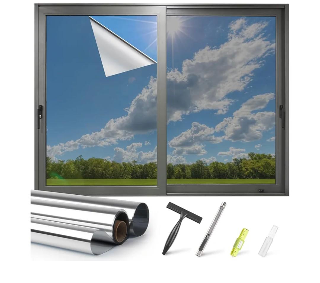 One Way Privacy Window Film - Reflective Window Tint for Home Heat Blocking & UV Protection, See Out Not in Mirror Daytime Privacy Static Clings for House & Glass Doors, 3 Tools, Blue(35.4"x78.7")