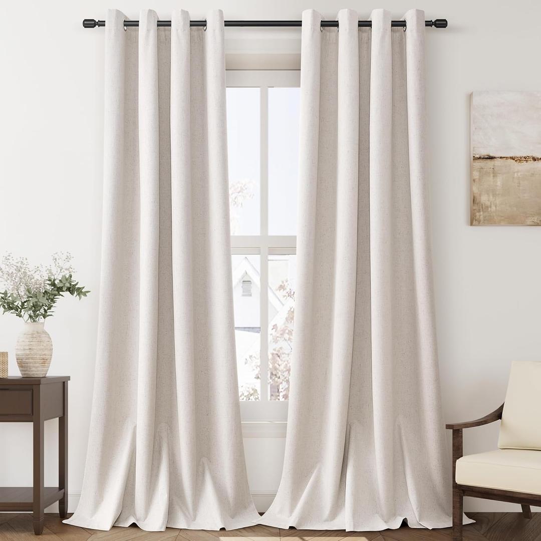 Linen Blackout Curtains 96 Inch Long Grommet Living Room Darkening Window Curtain Panel Extra Long Beige Earth Tone Farmhouse Style Thermal Insulated Black Out Curtains for Bedroom 96 Inch Length