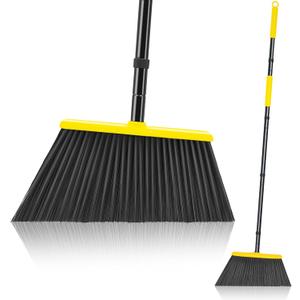 JEHONN Outdoor Broom Heavy Duty with 55 inches Long Handle, Household Collapsible Angle Brush for Sweeping Indoor Kitchen Patio Shop Outside Garage Lobby Garden Deck Hardwood Floors (Yellow)