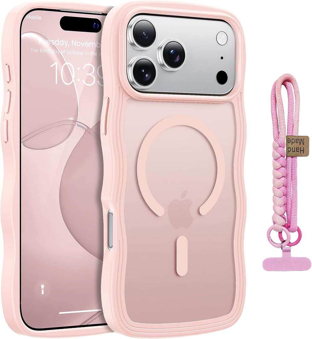 for iPhone 17 Pro Max Case Cute Wavy Matte Pink |Compatible with MagSafe,Color-Matched Lanyard,Military Grade Shockproof,Slim & Durable,Travel-Ready & Stylish