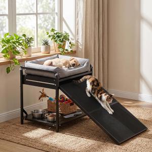 25"x18.5" Dog Bed with Ramp, Retractable Ramp Pet Bed with Roller Track, Dog Sofa Bed with Storage & Washable Cushion, Removable Non-Slip Ramp for Small Dogs Cats, Indoor Bedside Perch