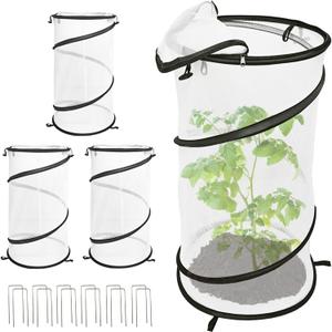 4 Pack Pop Up Plant Covers from Animals, 12"x 24"Round Foldable Insect Barrier Net Garden Plant Protectors with Stakes & Zipper, Bird Protection for Outdoor Vegetables Flowers Fruits Plants (White)