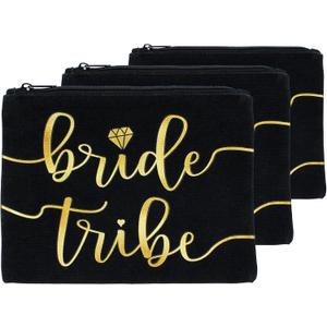 3pc Bride Tribe Makeup Bags - Bridesmaid Favor for Bachelorette Party, Bridal Shower, Wedding. Also great as Toiletry Bag, Wedding Survival Kit, Hangover Kit, Keepsake (3pc Pack, Black & Gold)
