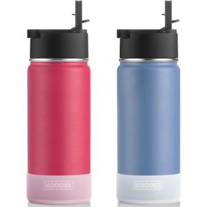 koodee 18 oz Water Bottle with Straw-2 Pack Stainless Steel Double Wall Insulated Water Bottle for School Reusable Water Flask BPA Free (Canyon Red-Royal Blue)