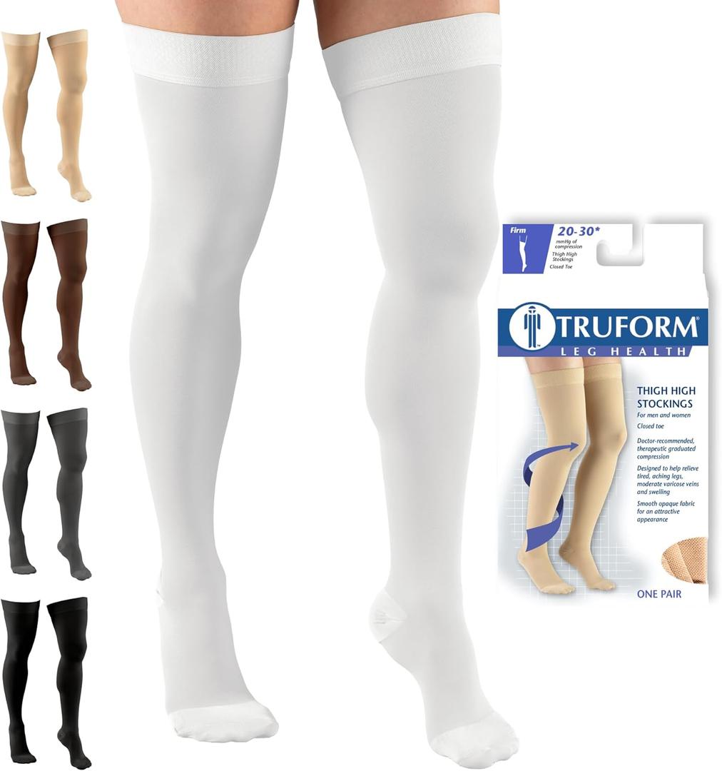 Truform 20-30 mmHg Compression Stockings for Men and Women, Thigh High Length, Dot Top, Closed Toe, White, Small