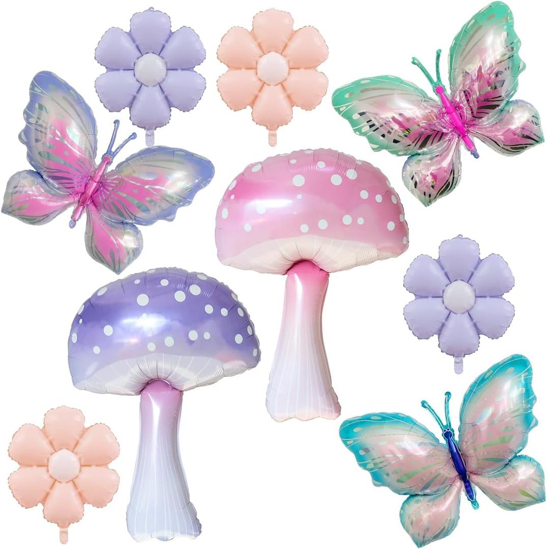 9Pcs Butterfly Balloon Mushroom Balloons and Daisy Flower for Girls Birthday Decor Butterfl Themed Party Supplies Spring Holiday Picnic Decor and Fantasy Fairy Garden Party Wedding Arch Decorations