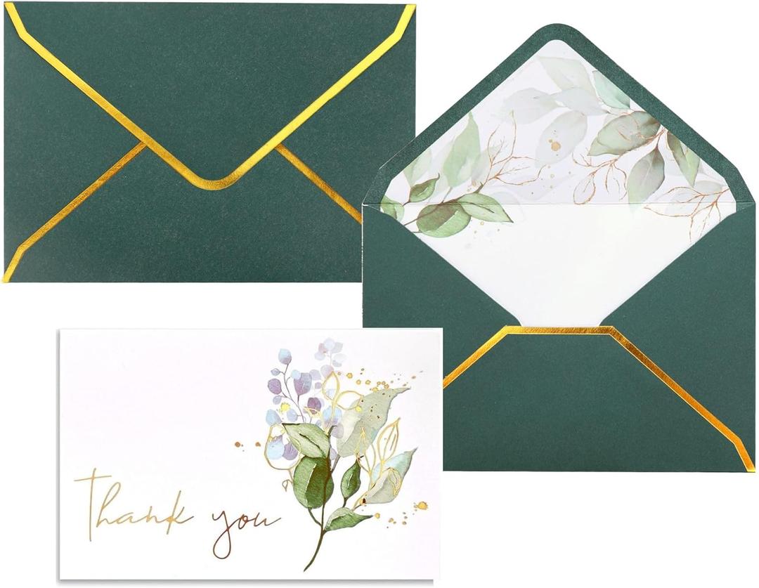 Heavy Duty Thank You Cards with Envelopes - 36 PK Gold Notes 4x6 Inches Baby Shower Wedding Small Business Graduation Funeral Bridal (Greenery)
