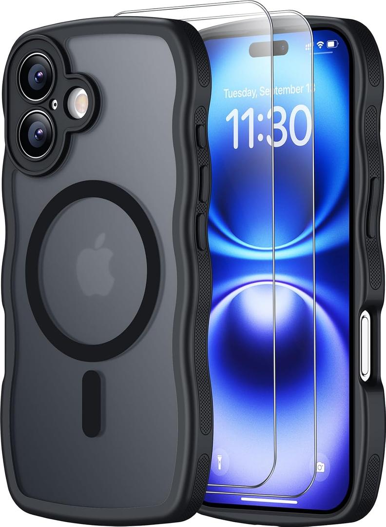 SPIDERCASE Magnetic for iPhone 16 Case, [Curly Wave Edge] with [2 Tempered Glass Screen Protector] [Full Camera Protection] Anti-Fingerprint Anti-Scratch Case for iPhone 16 6.1, Black