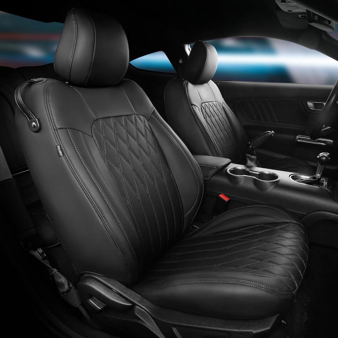 Custom for Ford Mustang Coupe Seat Covers 2015-2025 - Custom-Fit Full Set Faux Leather Car Seat Covers for Mustang Coupe Fastback GT/V6/EcoBoost 2015 2016 2017 2018 2019 2020 2021 2022 2023 2024 2025 (Black - #C006)