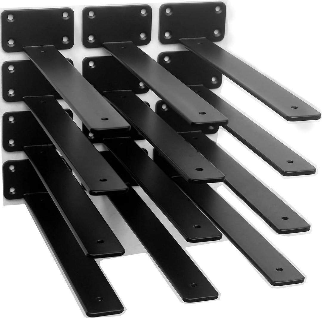 12 Pack - 16 inch Black Hidden L Shelf Bracket (1/5 Inch Thicked) Iron Floating Shelf Brackets Rustic Industrial Metal Brackets for Shelf Support
