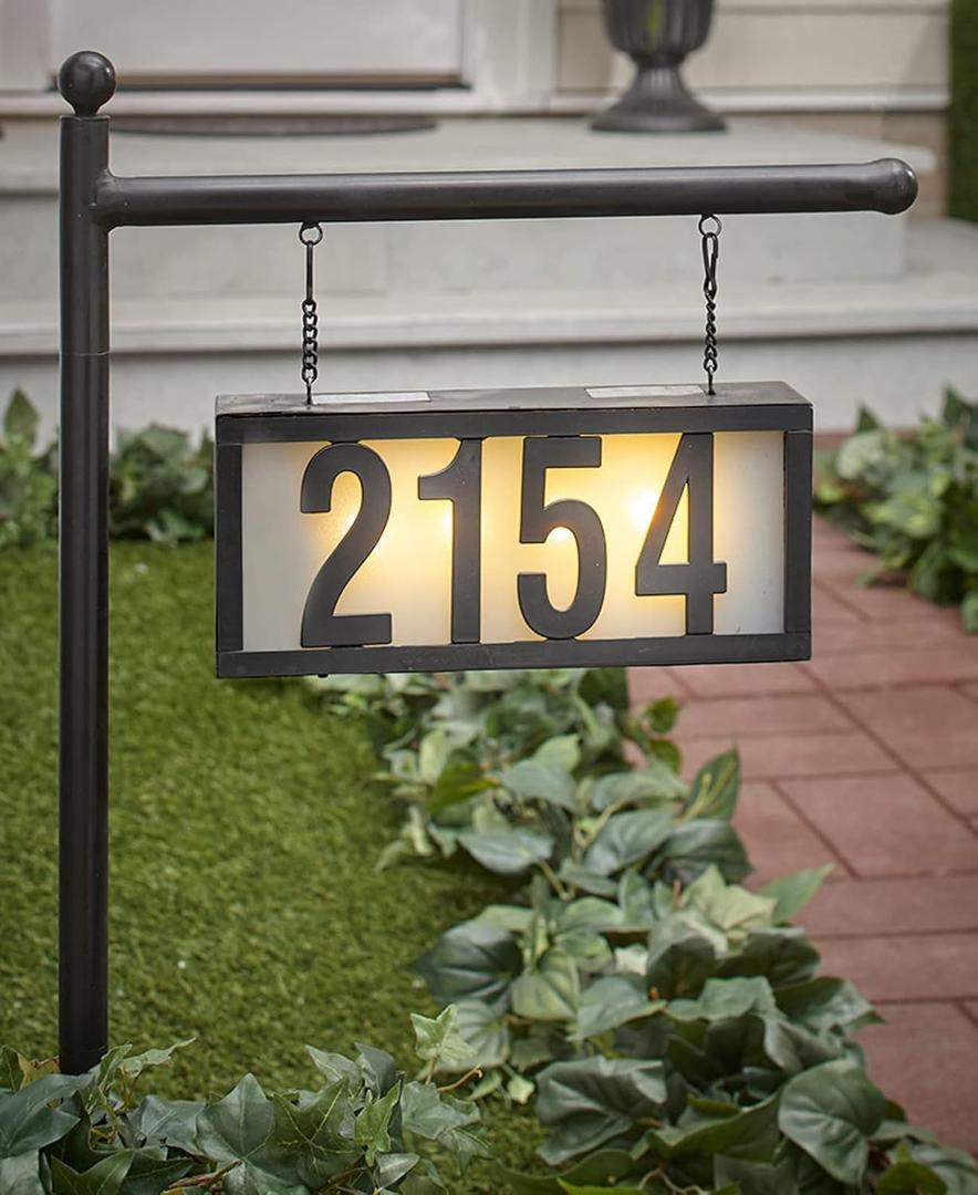 Solar Metal Address Signs for Yard with 50 Customizable House Numbers for Outside - Any Combination, with Warm White & Cold White, Weather-Resistant Solar-Powered LED Illuminated Address Plaques (Single Stake Item)