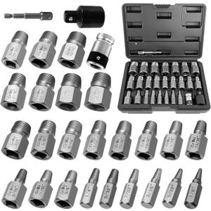 27PCS Screw Extractor Set, Upgrade Bolt Extractor Kit, Easy Out Screw Extractor Set, CR-MO Steel Heavy Duty Hex Head Multi-Spline for Damaged Bolts, Screws and Studs