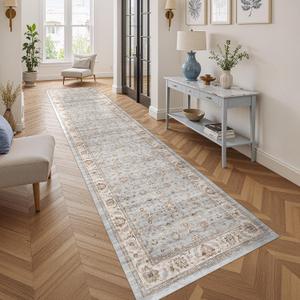WITSHOCK 3'x10' Runner Rugs for Hallway Bathroom: Machine Washable Non Slip Vintage Carpet - Low Pile Lightweight Print Rug for Kitchen Laundry Room Bedroom Beside Rug - Pet & Kids Friendly (Light Blue)