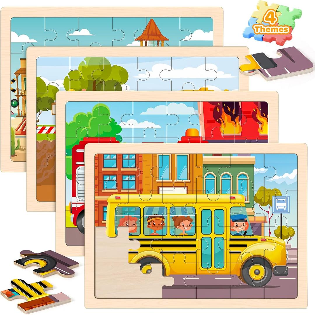 Puzzles for Kids Ages 4-6, 4 Packs 24 Pcs Wooden Jigsaw Puzzles for Toddlers Ages 2-4, Preschool Educational Vehicle Puzzle Toys Gifts for 3 4 5 6 Boys Girls