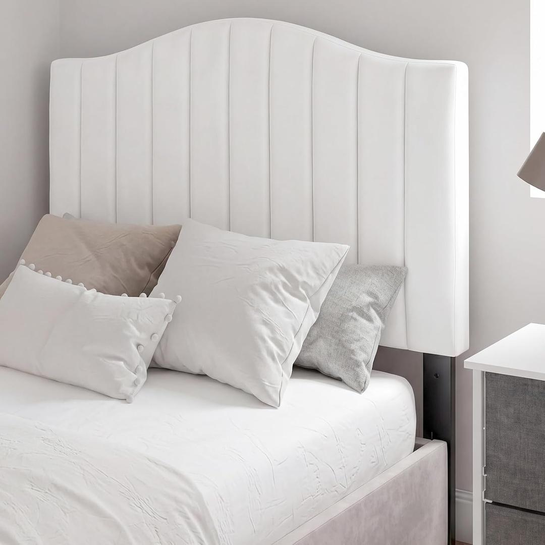 Colingmill Twin Size Contoured Headboard with Studded Upholstery with Dual Hanging Options 40 Inch Headboard with Nailtrim in White Fabric for College Dorm Room, 40.2 x 24 x 2.4 inch