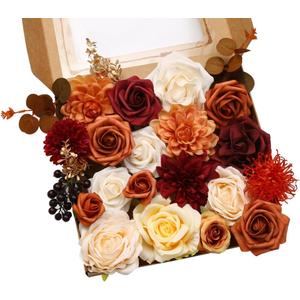 LITOYNAN Artificial Flowers Orange Burgundy Combo Box Set for DIY Wedding Bouquet Arrangement, Fall Silk Faux Flower for Bridal Table Centerpieces Party Cake Baby Shower (Orange & Burgundy)