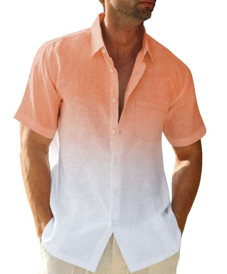 Mens Gradient Linen Shirts Casual Button Down Short Sleeve Beach Summer Shirts Large