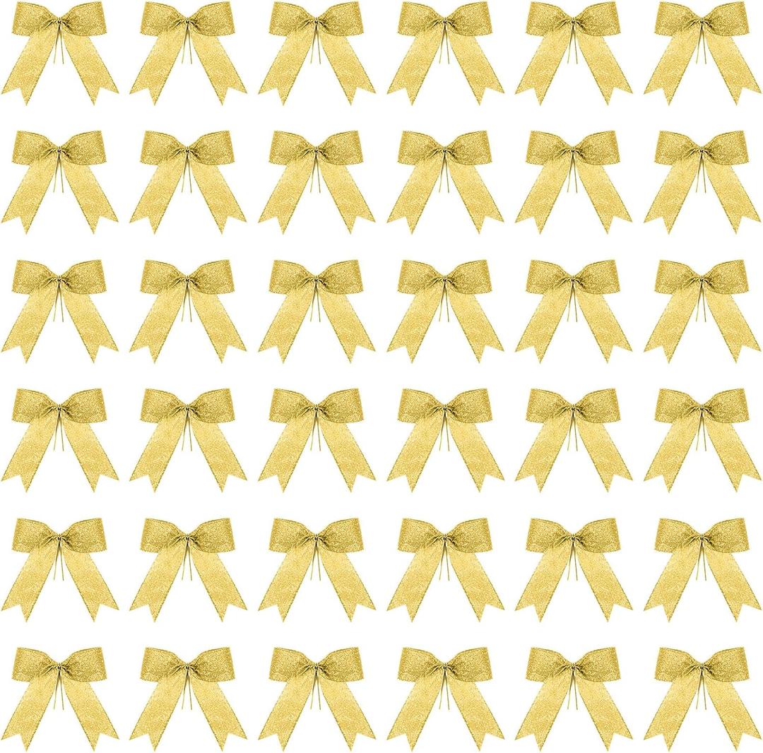 Sumind 36 Pieces Gold Christmas Tree Glitter Bows, 5 x 4 Inch Tie Ribbon Twist Tie Bows for Treat Bags Gift Wrapping Basket Wedding Birthday Valentine Christmas Tree Wreath Garland Decoration