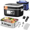 Cordless Electric Heated Lunch Box for Adults, XL 6.3-Cups 24000mAh Rechargeable Battery Powered Smart Self Heating Lunchbox for Men Women, 100W Food Warmer for Trucks Driver Travel Office Worker (Black)