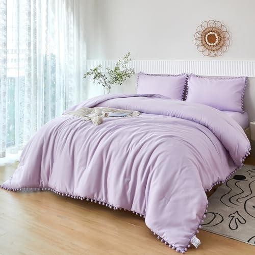 PERFEMET 5 Pcs Girls Lavender Comforter Sets Full Size  Boho Pom Pom Fringe Bedding Comforter with Sheet Set Soft Cute Purple Girls Bed in A Bag for All Season(Lavender, Full)