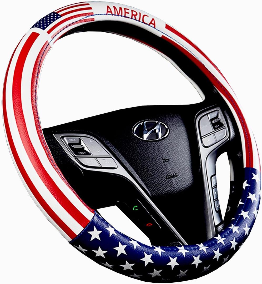 Dotesy Leather Auto Steering Wheel Cover, Fashion Flag Style Car Steering Wheel Cover Protector Universal for 36.5-38cm (American Flag)