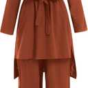 IDOPIP Women's Muslim Abaya Dress 2 Pieces Set Long Sleeve Button Down Shirt and Pants Casual Arabic Islamic Dubai Outfits (Red, M)