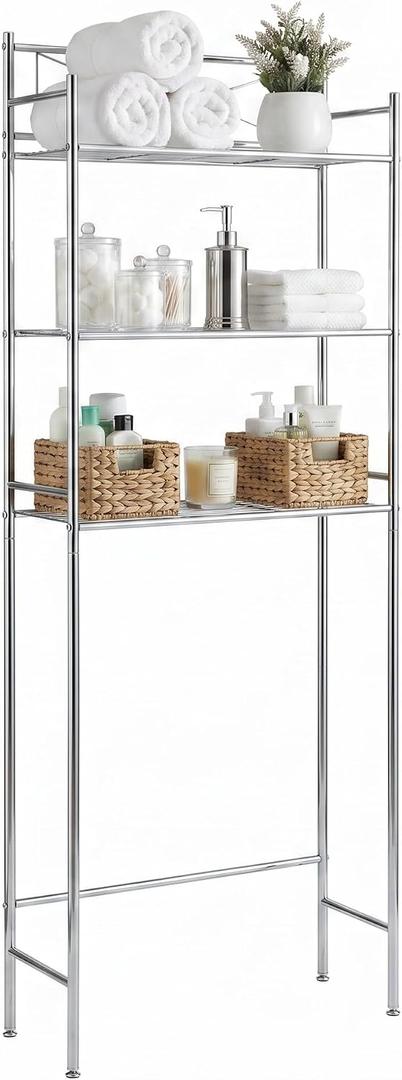 Honey-Can-Do Over-the-Toilet Bathroom Storage Shelf, Steel, Chrome, 3-Tier
Chrome 3-tier shelf stands over the toilet. Adjustable shelves hold towels & toiletries. No drilling, 9.5 x 23 x 60 in.