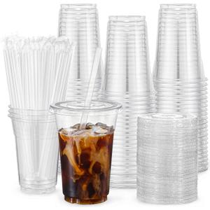 VITEVER [100 Sets - 16oz] Clear Plastic Cups with Lids and Straws, Disposable Iced Coffee Cups for Smoothie, Milkshake, Cold Drinks - BPA free